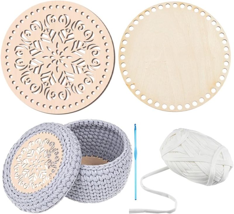 Crochet Basket Kit - 2 Styles, Natural Wooden Base, 40 Yards Yarn, 1pc 4mm Hook for DIY Basket Weaving