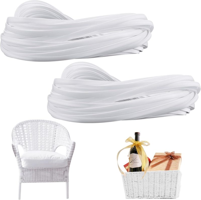 2 Bundles 120 ft Wicker Repair Kit Flat Synthetic Rattan Weaving Material White Plastic Wicker Repair Supplies Replacement Basket Weaving Kit for Patio Chair Sofa Furniture DIY