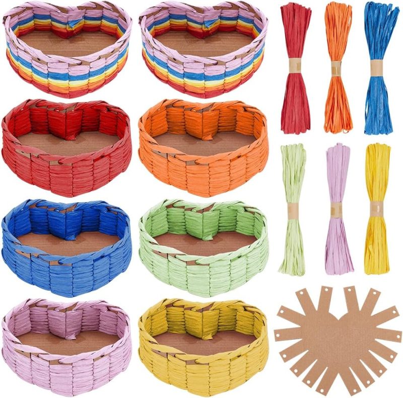 8 Set Heart Style Basket Weaving Kit Introductory Sewing for Beginners, Creative Woven Bowl Suitable for for Kids Arts and Crafts Projects and Easter Basket Activities