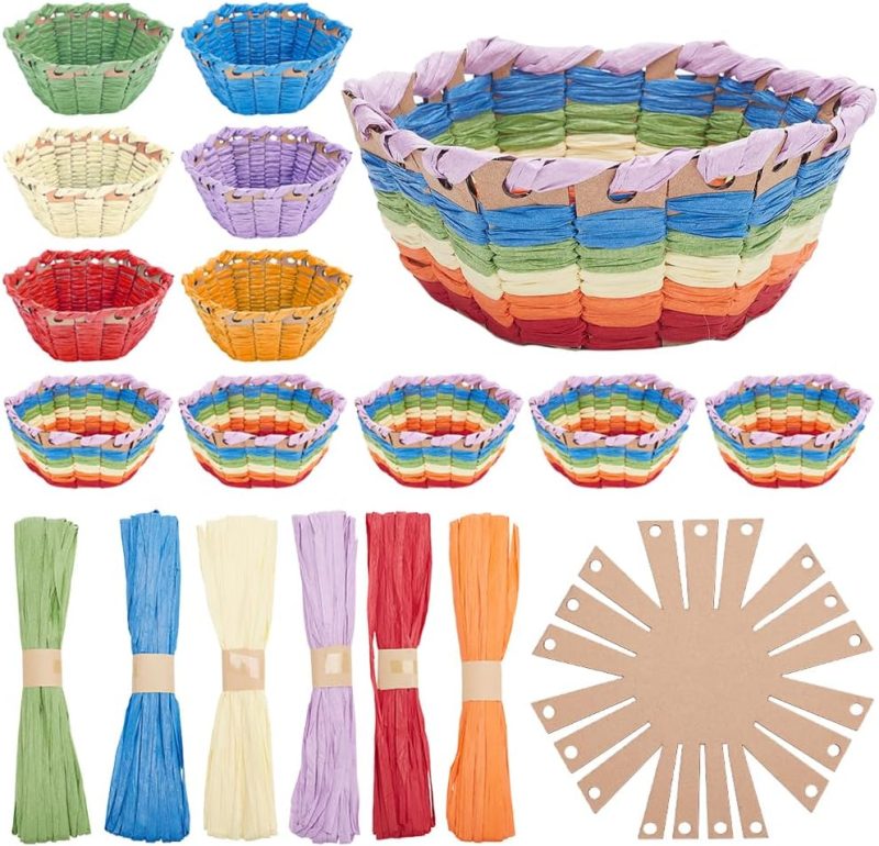 12 Set DIY Hexagon Raffia Ribbon Basket Weaving Kit - Creative Basketry Supplies for Students, Arts and Crafts Projects, Activities - Green