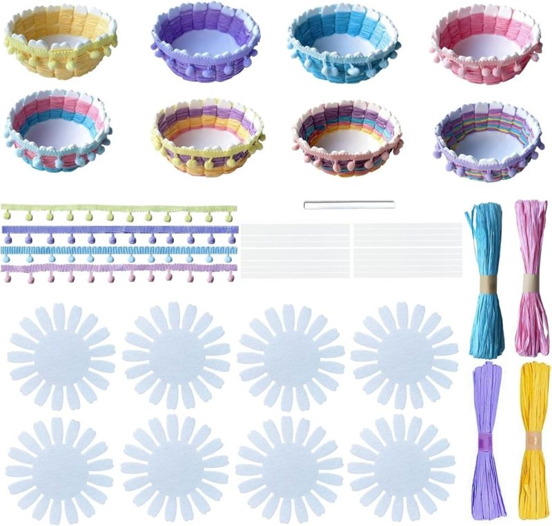 8 Sets Cute Basket Weaving DIY Making Kits for Beginners, Colorful Raffia Ribbons Woven Storage Basket Bowls with Pom Poms Trim Tassel for Eggs
