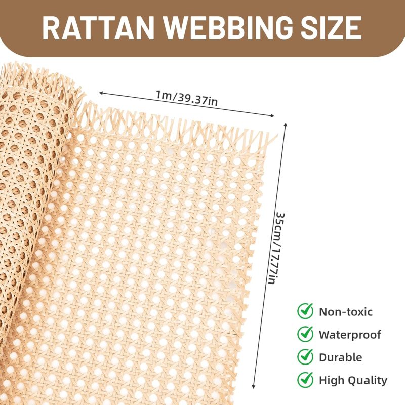 13.77Inch × 3.2Feet Rattan Cane Webbing Roll, Rattan Furniture Caning Material Chair Webbing Basket Weaving Supplies for Caning Projects, Woven Open Mesh Cane for DIY Furniture Decoration Wood Color - Image 2
