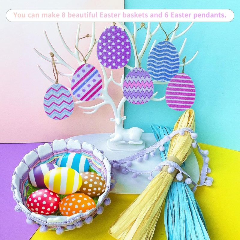 8 Sets Cute Basket Weaving DIY Making Kits for Beginners, Colorful Raffia Ribbons Woven Storage Basket Bowls with Pom Poms Trim Tassel for Eggs - Image 2
