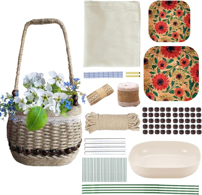 99 Pcs Basket Weaving DIY Kits for Beginners, Jute Rope Woven Lace Storage Flower Basket with Handles for Easter Picnic Home Wedding Decorations Crafts Projects Gifts
