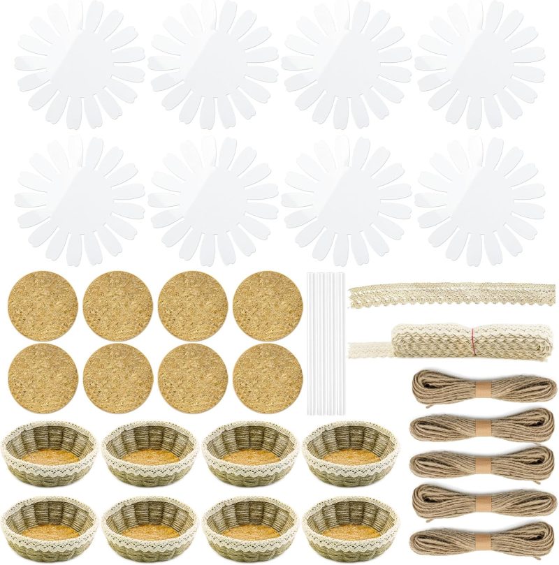 8 Sets Basket Weaving Craft Kit for Beginners,DIY Burlap Style Desk Storage Small Parts Candy Cookies Bowls,8 inches Plastic Base and 109yd Jute Twine and Cork Linings & Lace & Hot Glue Sticks